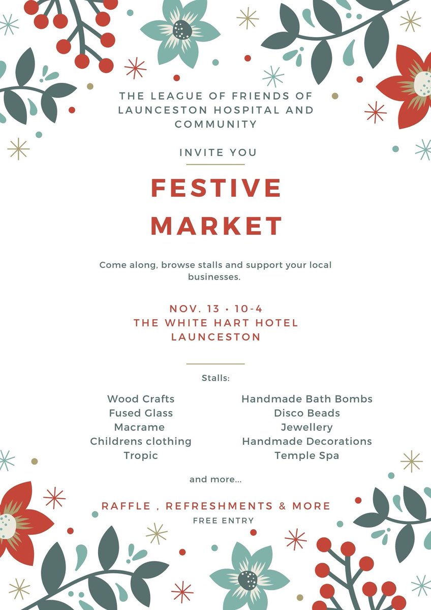 We have a great selection of stalls at our #Festivemarket on Sat 13th Nov 10-4pm at White Hart Hotel #Launceston.

A great chance to support our #local #crafters & our #charity PLUS our #raffle
#Launceston