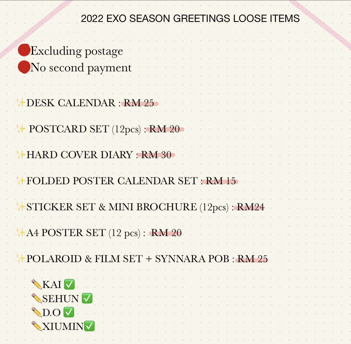 ScarlphaShop's tweet photo. #EXO 2022 Season Greetings LOOSE ITEMS

🏷Price excluding postage
🏷No second payment 
🏷Refer pic 1 for price
🏷Will proceed if 80% slots taken

✌🏻Buy RM 50 above get outbox

help rt 🥰

#pasarexo #pasarEXOsg22 #pasarexomy https://t.co/7U7zSYPdhS