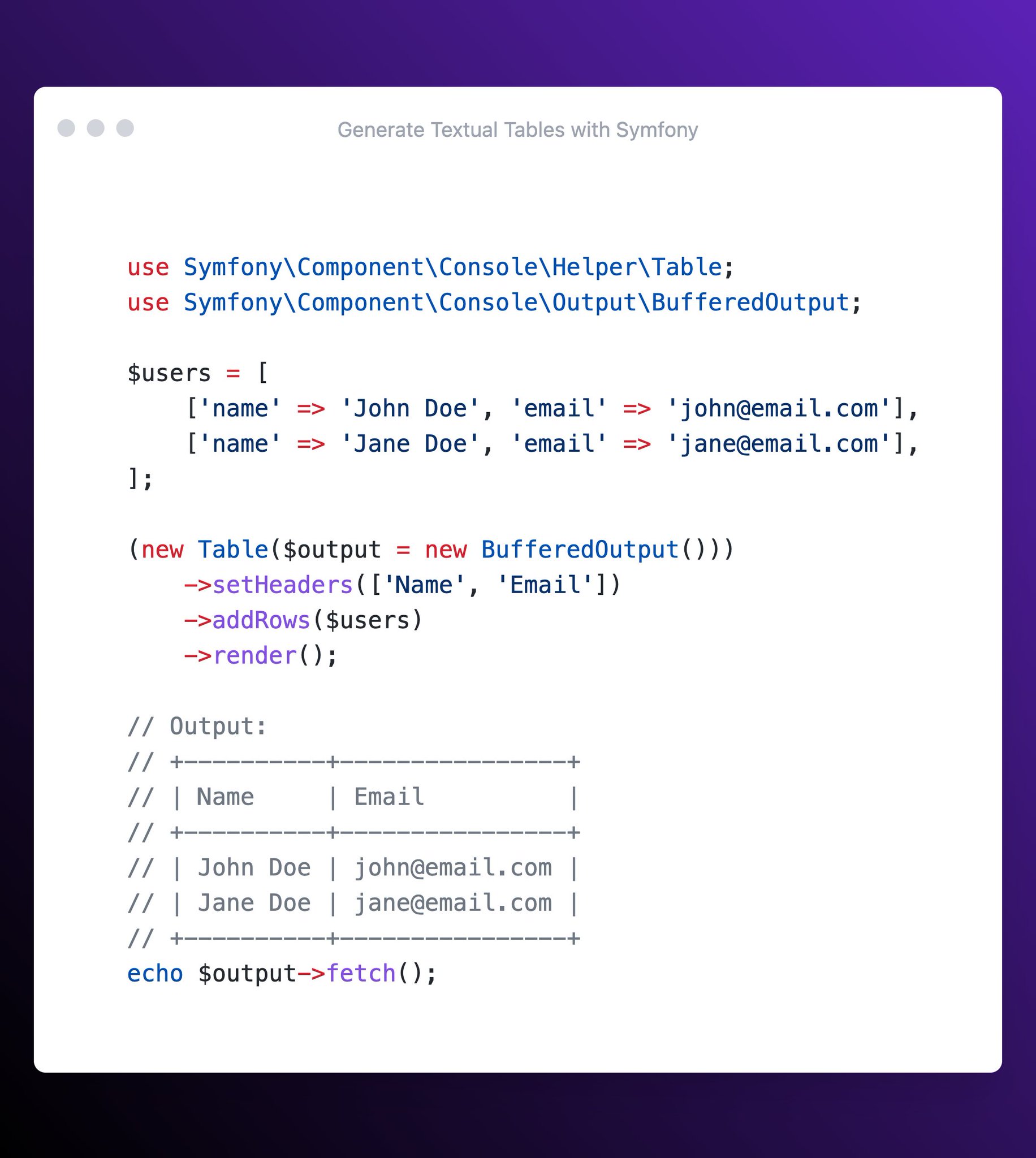 You can create text-based tables in Laravel even outside CLI commands