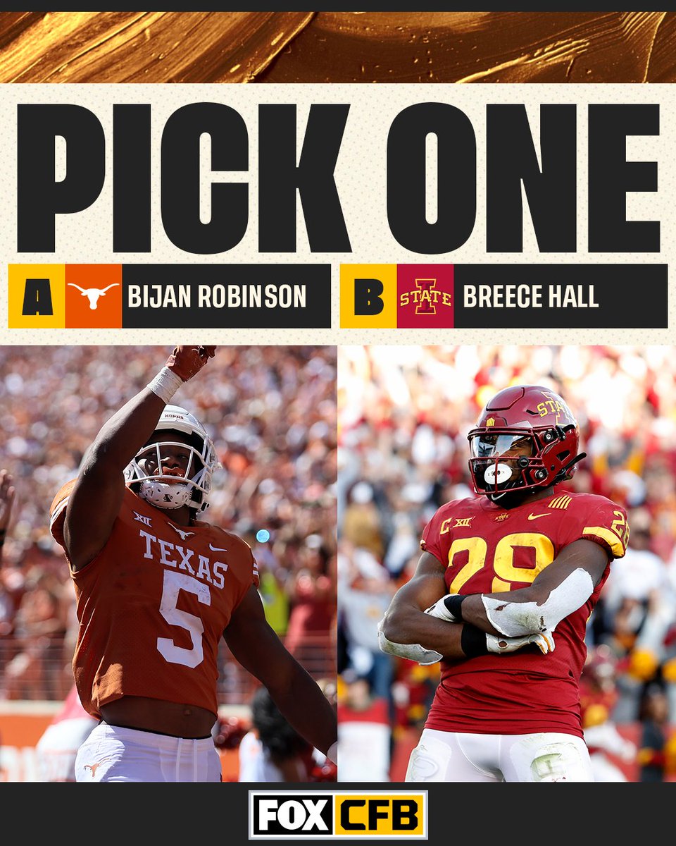 CFBONFOX's tweet image. Two of the best backs in the Big 12 face off this weekend 😤

Who would you rather have on your team: @TexasFootball's @Bijan5Robinson or @CycloneFB's @BreeceH?