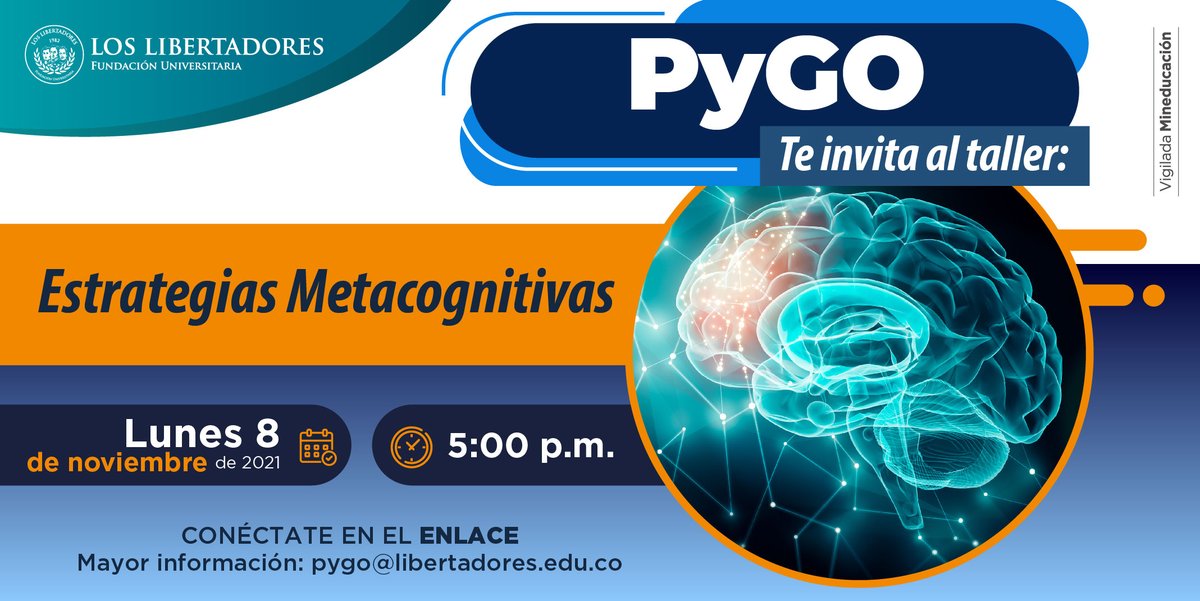 UniLibertadores's tweet image. #PyGO te invita al taller 👉 Estrategias Metacognitivas

🗓️ 8 de noviembre
⏰ 5:00 p.m.

Conéctate ➡️ cutt.ly/YR9cMf9