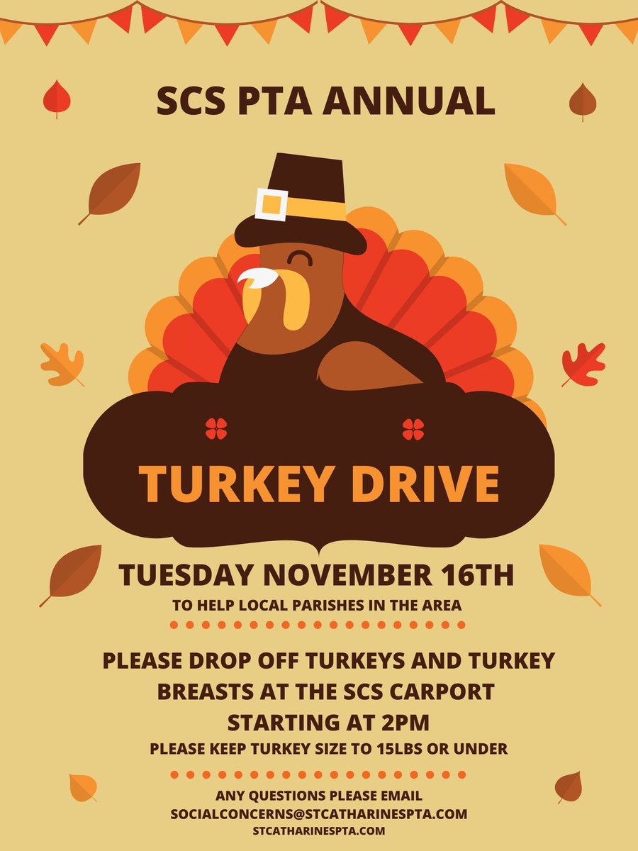 Tomorrow!🦃Let's help families from local parishes celebrate Thanksgiving!  Please drop off turkeys and turkey breasts weighing 15lb or less to the SCS carport on Tue 11/16 beginning at 2pm. Thank you for your support! <a href="/SCSprincipal/">St. Catharine School</a>