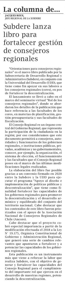 subdere_MA's tweet photo. 📍Fortaleciendo al #ConsejoRegional, a través de publicación del libro 📚 "Orientaciones para Consejeros Regionales" de @laSUBDERE.
El jefe regional #JacquesRoux, hace referencia a esta publicación, en su columna habitual publicada en @pinguinodiario 🗞 👇 https://t.co/Ru3sd8fSWf