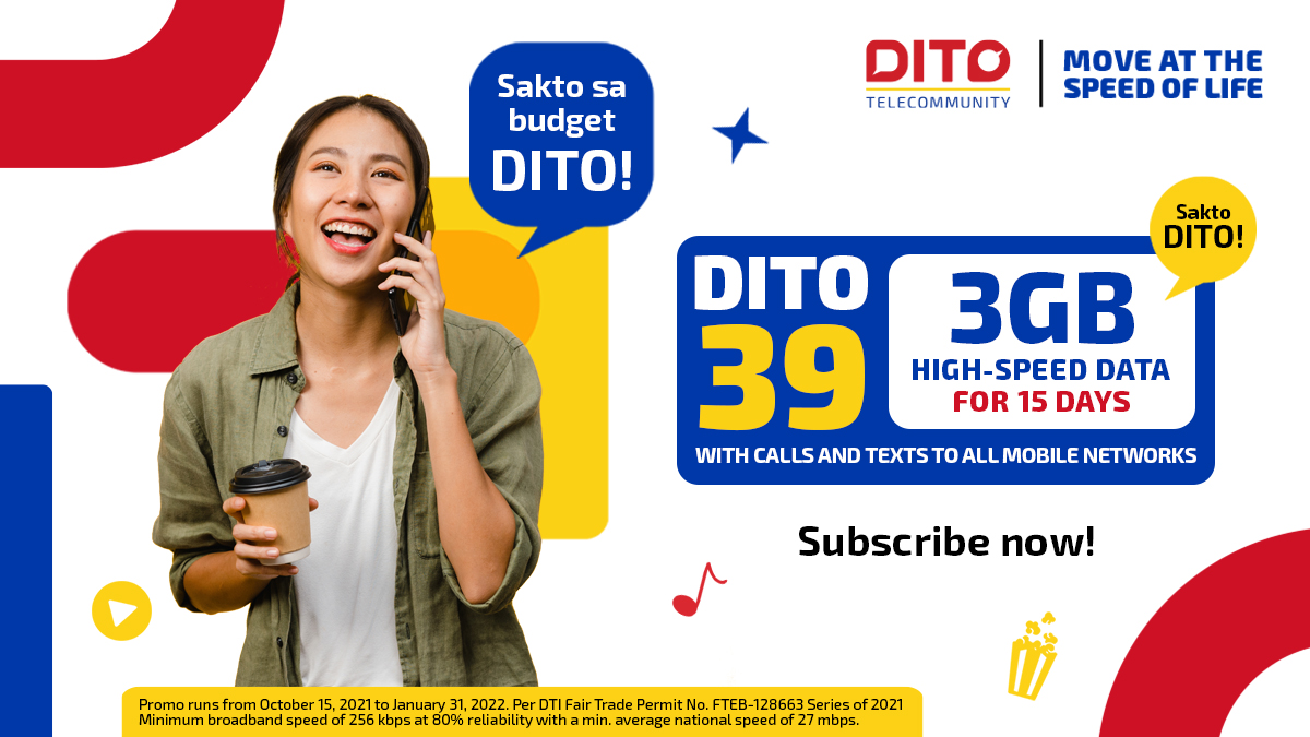 DITOphofficial's tweet photo. High-speed data for less? SAKTO 'yan sa #DITO39!
Get 3GB for only P39 - valid for 15 days.
For the full promo mechanics, visit https://t.co/rUjQhvnpbD
Subscribe now via:
☑ DITO App
☑ MyDITO
☑ DITO Experience Stores
☑ Our retail partners
#DITOTelecommunity #DITOph https://t.co/MQdw4ObgYN