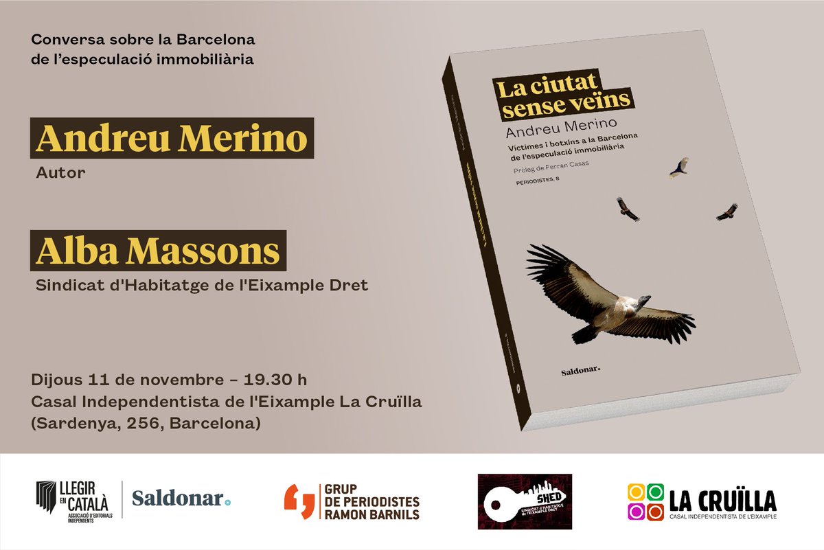 El proper 11 de novembre, organitzem a <a href="/lacruilla/">La Cruïlla</a> la presentació del llibre "La ciutat sense veïns" de l'<a href="/andreumerino/">Andreu Merino Vives</a>, amb la participació de l'Alba Massons del @SHEixampleDret.

Una conversa sobre la Barcelona de l'especulació immobiliària i les lluites que la volen transformar