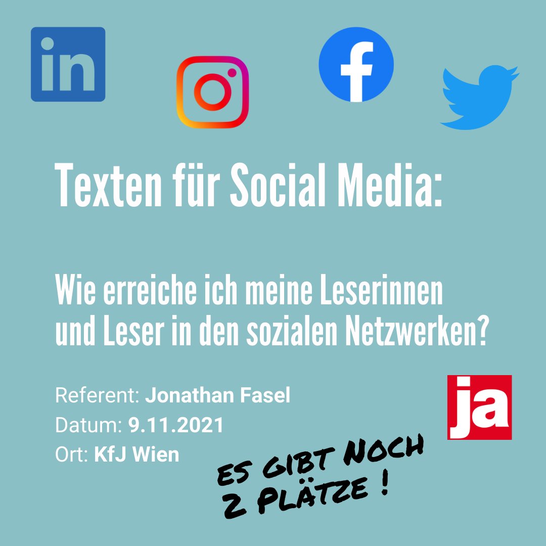 🤗 Wir haben noch einmal 2 letzte Plätze für euch🙌

🙌 Für Kurzentschlossene: <a href="/jonathanfasel/">Jonathan Fasel</a> ist Euer Experte für die Kommunikation über Twitter, Insta, LinkedIn und Co. 🚀

➡️ Melde Dich jetzt an: kfj.at/seminare/texte…

#wirmachengutenjournalismusbesser #kfj #ausbildung