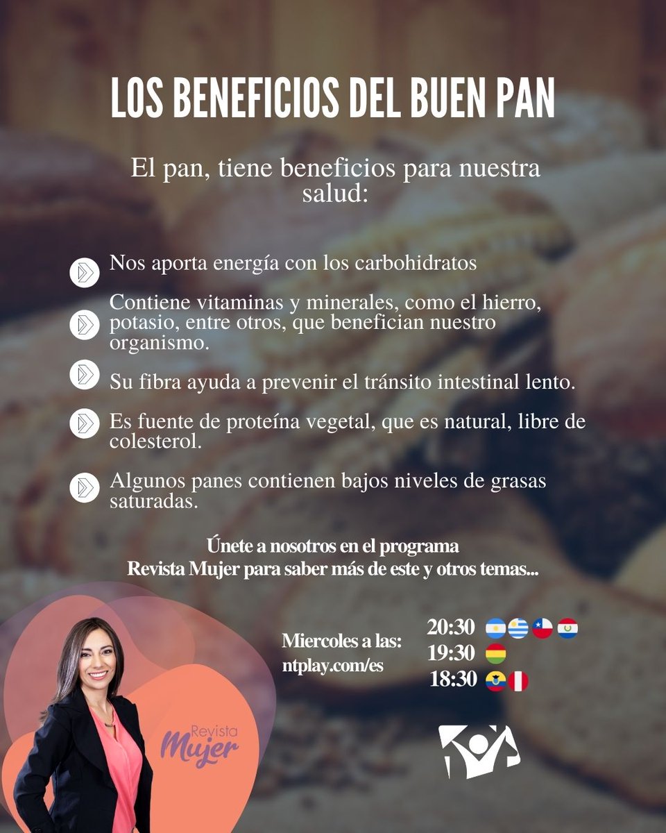 tvnuevotiempo's tweet photo. 🥖 El pan, es un alimento controversial…
🍞 A pesar de eso, trae varios beneficios diferentes para la salud…
👉 Para saber más únete al nuestro programa Revista Mujer… ☺️
#revista #mujer #magazine #familia #profecionales https://t.co/bBtixOiSJU