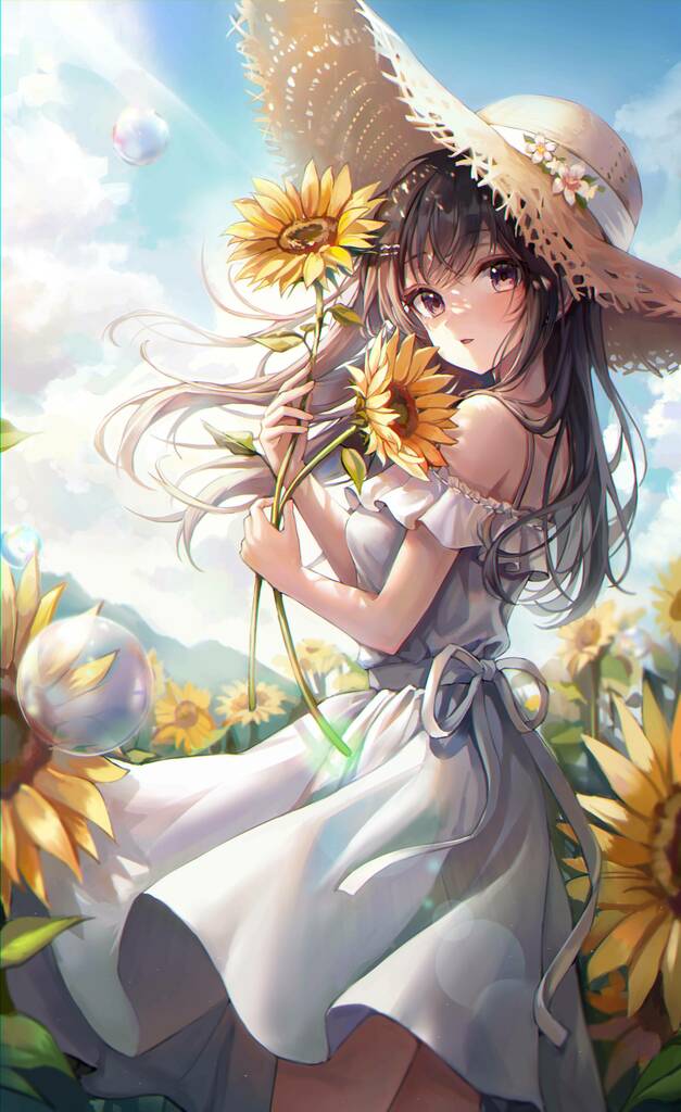 Mobile wallpaper: Anime, Sunflower, Hat, Original, Black Hair, Black Eyes,  993371 download the picture for free.