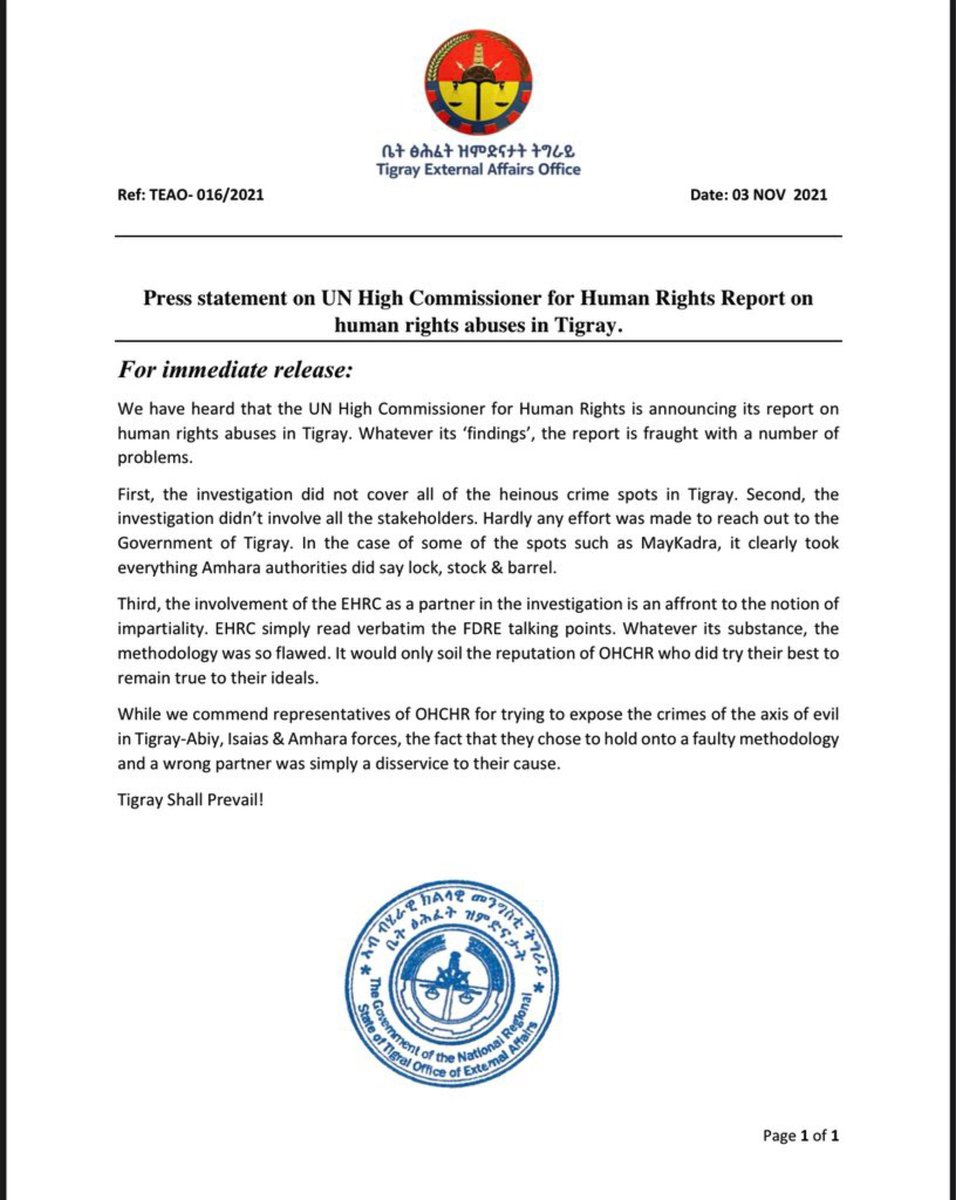 _Shitopia's tweet photo. Press statement:
Government of Tigray's response to the @UN High Commissioner report on human right abuses in Tigray. @mbachelet @UNHumanRights https://t.co/UdTH1fdc74