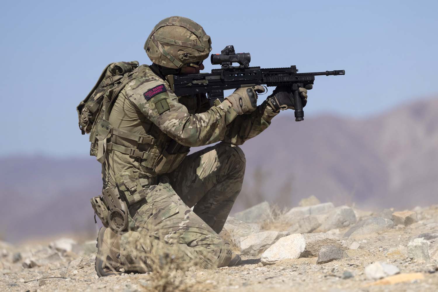 A Royal Marines Commando in action in the Mojave Desert 