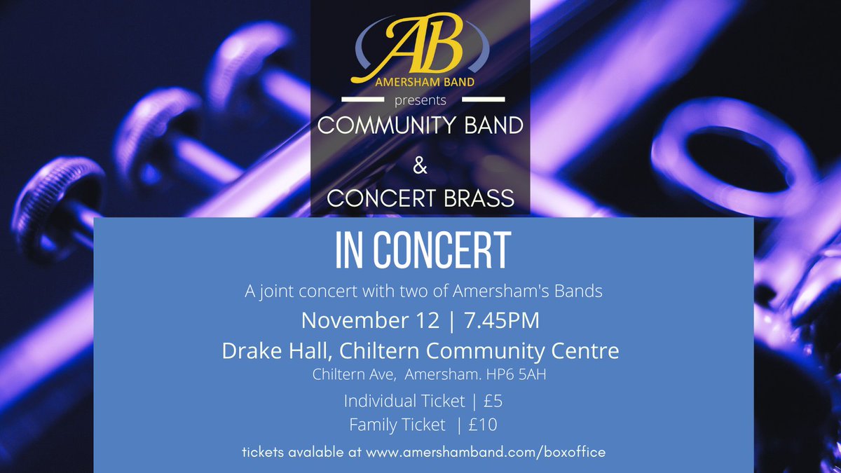 We're back with #livemusic ! Come and join our Community Band & Concert Brass 'In Concert' Fri 12th Nov at Drake Hall #Amersham Community Centre A fabulous new programme by both bands for you to enjoy Box Office tockets amershamband.com/boxoffice/ #Concert #music #brassbands