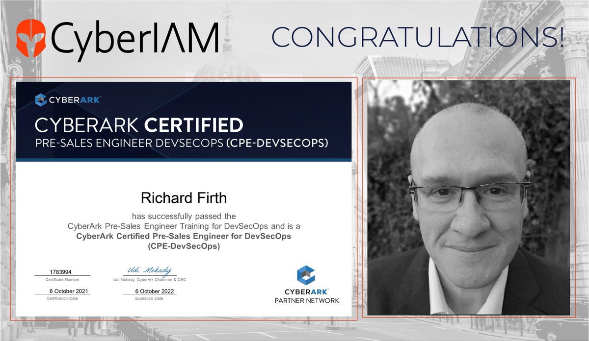CybrIam's tweet photo. Congratulations to Richard Firth for successfully passing the @CyberArk Pre-Sales Engineer Training for DevSecOps.

Follow the link to get in touch with one of our CyberArk experts: https://t.co/LnJnKOEQTg

#CyberIAM #CyberArk #PAM https://t.co/dLEDnYxZAt
