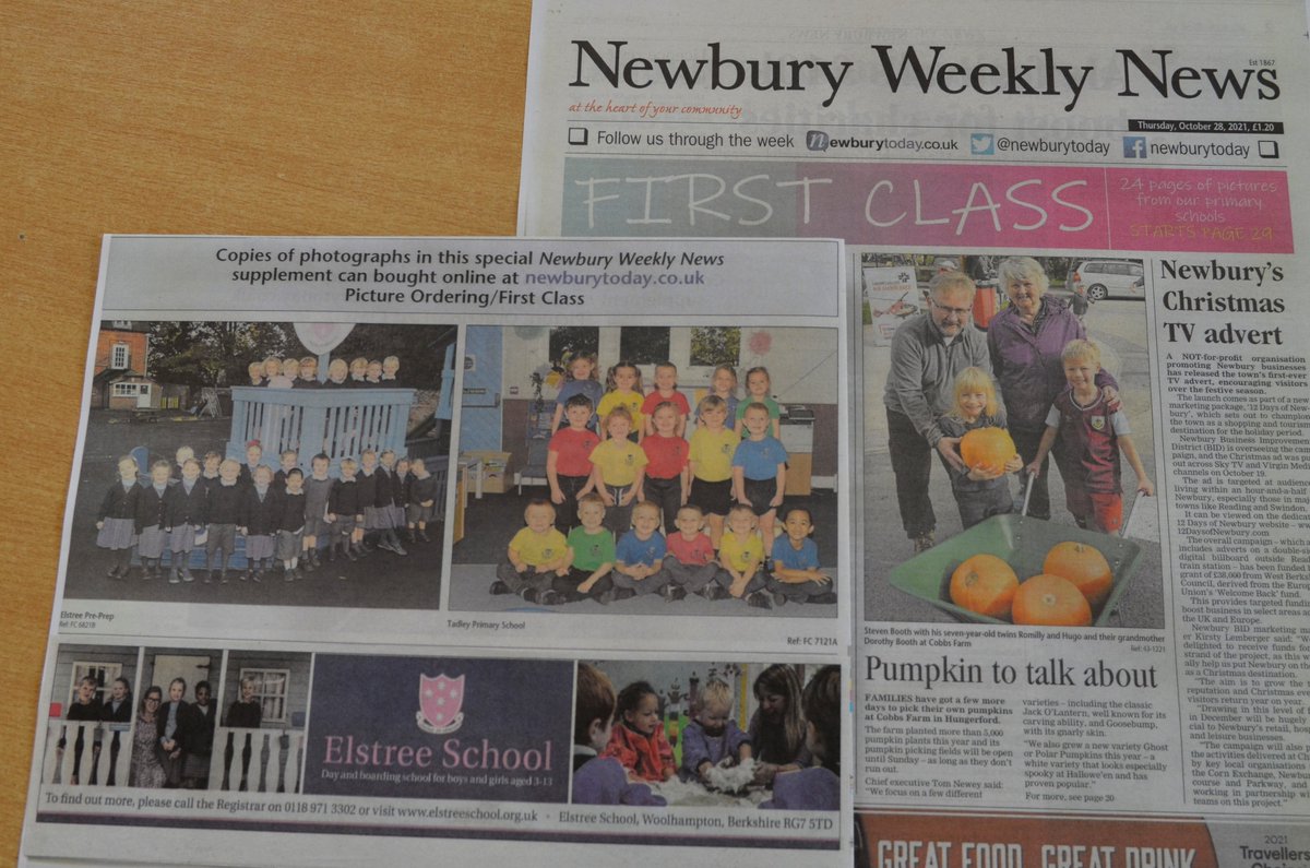 ElstreeSchool's tweet photo. Elstree Reception parents! Don't forget to buy this week's @NewburyToday with the Reception photo in the First Class Supplement. Also featured on the front cover is the Booth family with their hand-picked pumpkins! #elstreepreprep #firstschoolphoto #berkshirepreprepschool https://t.co/G81pt5ov6y