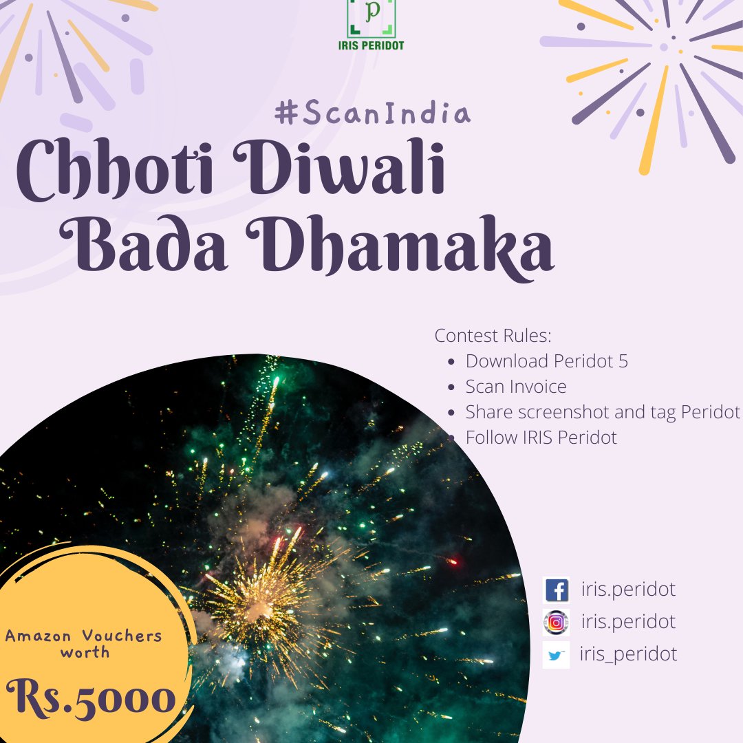 iris_peridot's tweet photo. Wish you all a crackling #ΰ€ΰ₯ΰ€ΰ₯_ΰ€¦ΰ₯ΰ€ͺΰ€Ύΰ€΅ΰ€²ΰ₯ !
But, that's not all! Make your #Diwali BOMBastic with our #ScanIndia Diwali Contest!
Steps to Participate:
- Download IRIS Peridot
- Scan GSTIN on any invoice
- Share the screenshot with #ScanIndia hashtag
- Follow & tag IRIS Peridot https://t.co/Km4KffIWLN