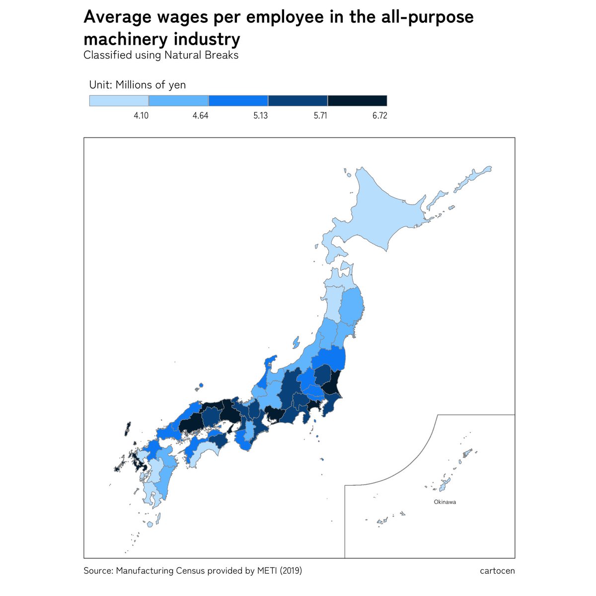 cartocen's tweet photo. Wages per employee in all-purpose machinery industry (Japan)

#maps #DataViz #DataScience #rstats #地図 #地理 https://t.co/PBN43QIDI2