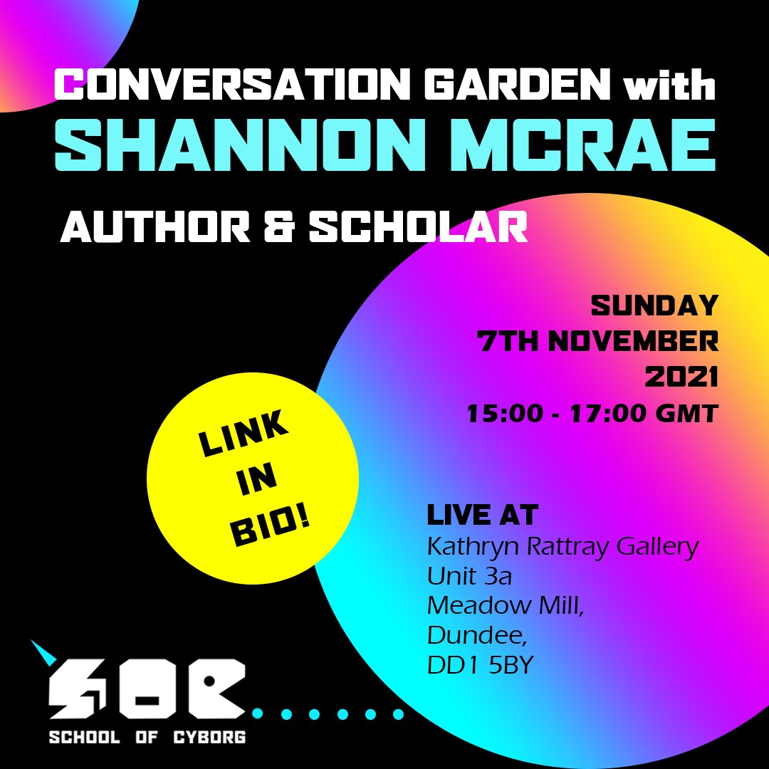 3 DAYS!
The School of Cyborg presents...a conversation garden with Shannon McRae.
Link in Bio for Tickets!
#schoolofcyborg #neondigitalarts #kathrynrattraygallery #dundee #scotland #ai #cyborg #digitalart #virtualidentity #unicorn #lbgtqia #pride #art #computerart #programming