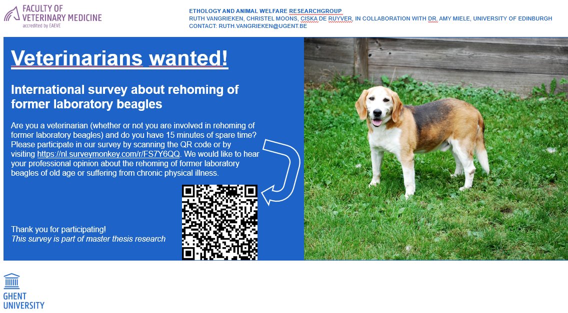 Please participate in this survey by scanning the QR code or by visiting nl.surveymonkey.com/r/FS7Y6QQ.  Add your professional opinion about the rehoming of former laboratory beagles.
