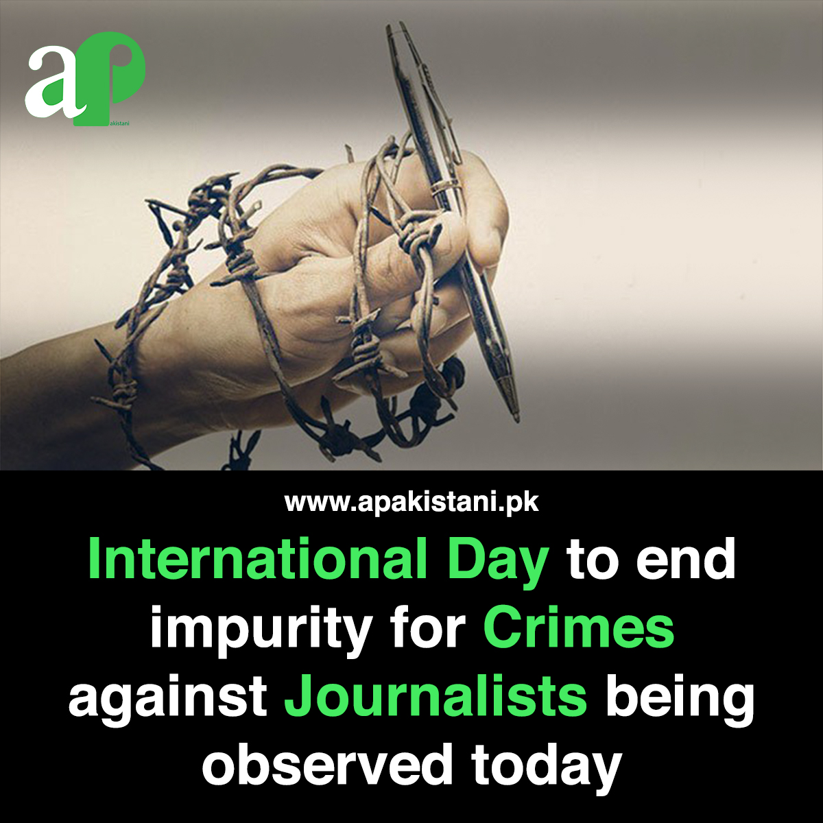 aPakistanidotpk's tweet image. In a bid to bring issues to light and form ways of halting wrongdoings against media people, International Day to End Impunity for Crimes against Journalists is being noticed around the world, remembering for Pakistan, today.
#internationalday #toend #crimeimpurit #journalists