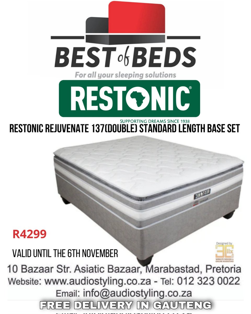 StylingAudio's tweet image. audiostyling.co.za/shop/bed-Resto…

Shop In store:
10 Bazaar Street, Asiatic Bazaar, Marabastad, Pretoria

#restonic #bestofbeds #comfortsupport #doublebed  #shopsinmarabastad #audiostylingstore #marabastadshops  #audiostore #gauteng #pretoria #SouthAfrica