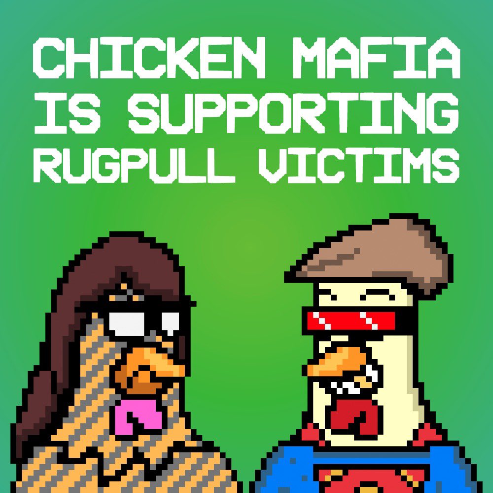 ChickenMafiaSOL's tweet photo. We hate rug pulls, we hate people who take advantage of the crypto space.

We’re making a stand against it, we’re giving out 100 OG’s spots to 100 rug pull victims. (Will get free EGG NFT)

Are you a victim? Do you know someone that is? Tag them below ⬇️

https://t.co/tjXVlmVGw6 https://t.co/23bpczCUhu