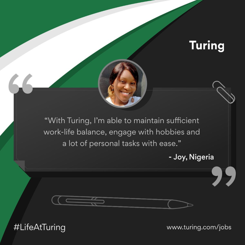 turingcom's tweet photo. This time in our #LifeAtTuring series, we spoke to Joy from #Nigeria to get her https://t.co/qqgmWjADrv review and understand how remote work and Turing’s company culture is allowing her to enjoy life more. ⚖️ #TuringReviews
➡️ https://t.co/0WO2oOXcpq