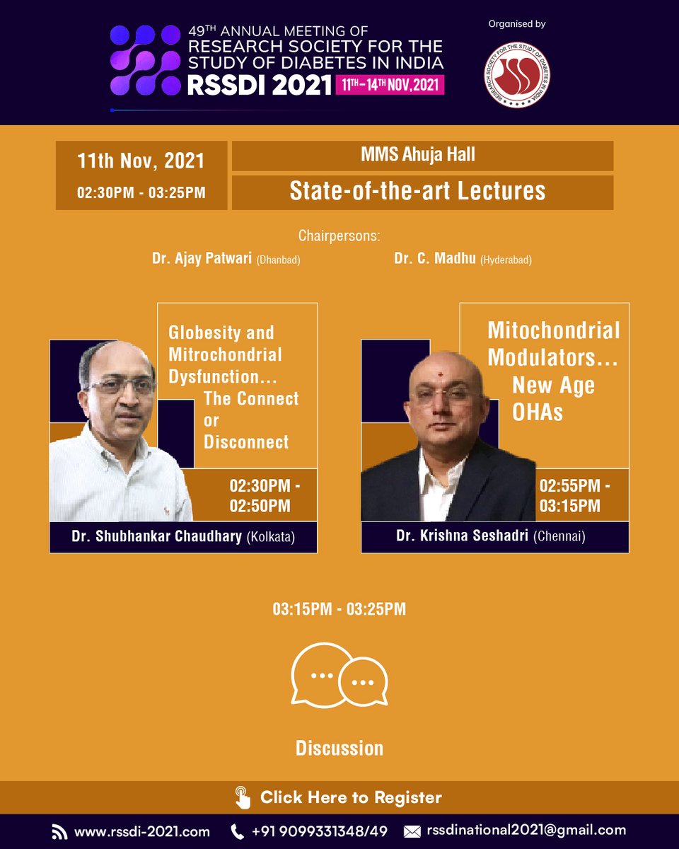 Rssdi_official's tweet photo. 49th Annual Conference of Research Society for Study of Diabetes in India- RSSDI 2021 being organized from 11th to 14th Nov 21
This scientific feast will be served by 100 eminent national speakers and 10 international speakers.
https://t.co/16X5CSUEPd
#rssdi2021 #RSSDI #diabetes https://t.co/VxpsC3PYuG