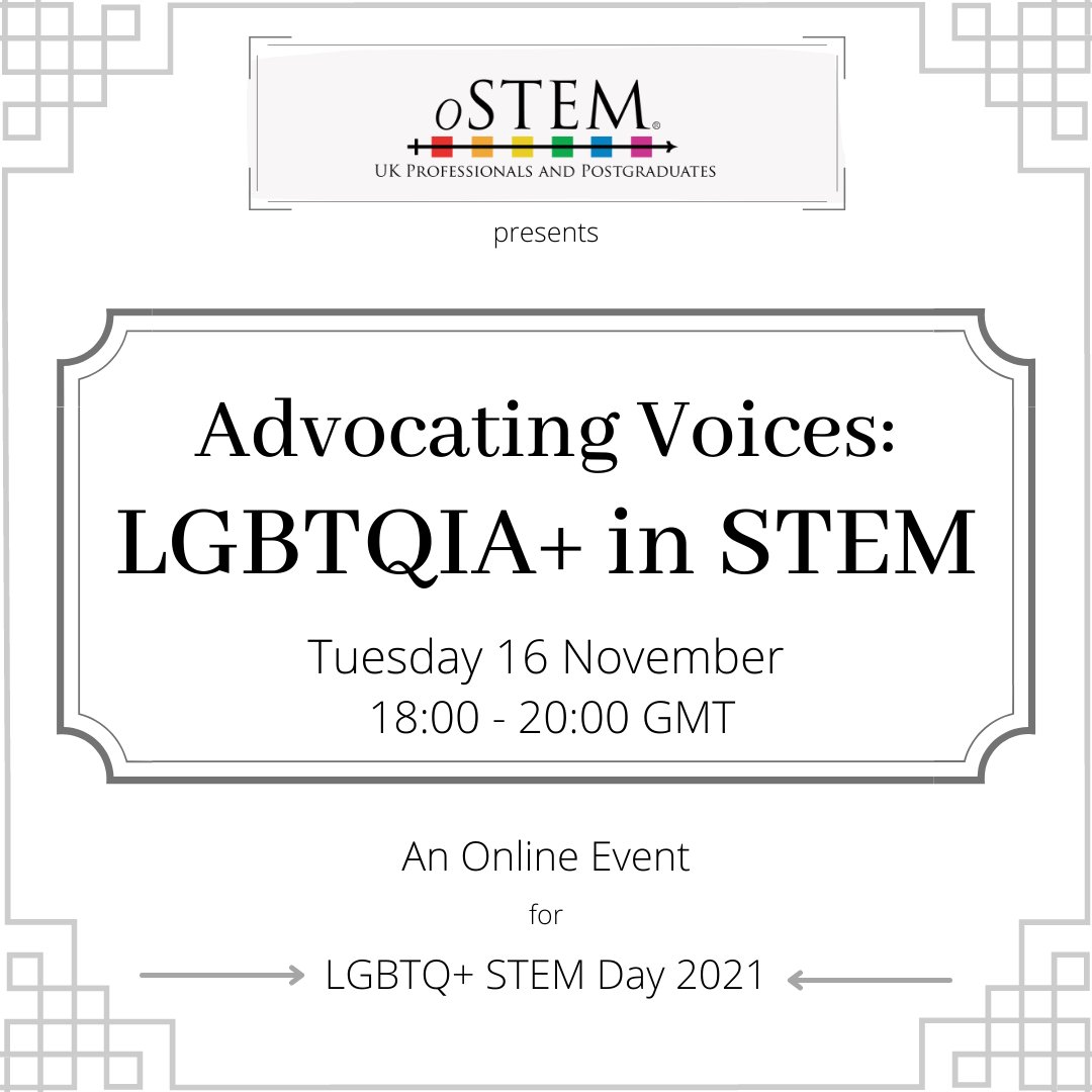 Join us for our LGBTQ+ STEM Day event!

On 16th Nov we are hosting a Zoom speaker & panel event

Our speakers will be discussing advocacy and volunteering as LGBTQIA+ people in STEM

Register here: cutt.ly/AdvocatingVoic…

#oSTEM #LGBTQSTEMDay #LGBTQSTEM #STEM #LGBTQ