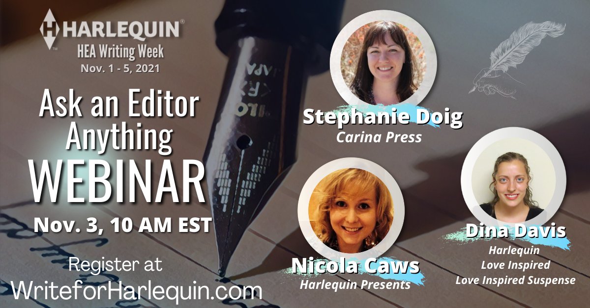 Write4Harlequin's tweet photo. Starting in two hours! Ask Harlequin editors anything you've always wanted to know about romance novels and publishing!
Sign up for the LIVE event TODAY November 3rd at 10 am EST at: https://t.co/k0rjV3Mw7s
#WritingHEA https://t.co/XobbLAPPaV