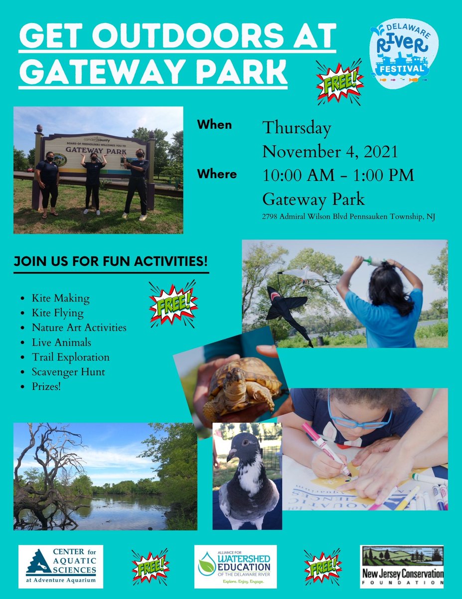 Center4AqSci's tweet photo. New Jersey schools are closed and the kids are home tomorrow. What to do? Join the Center for Aquatic Sciences for some kite-flying fun at Gateway Park in Camden/Pennsuaken from 11:00 am - 2:00 pm. Make a kite and meet some of our animals. #njconservation #alliance4watersheded https://t.co/JxKg4WAIrk