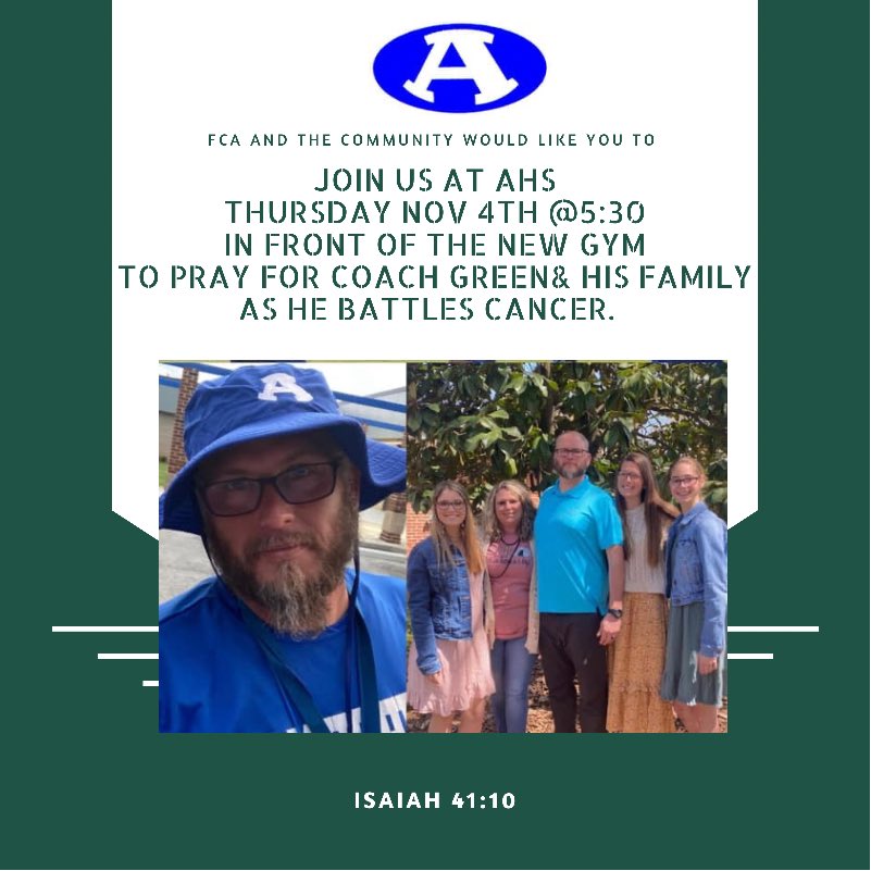 Join us tomorrow night as we cover the Green’s in prayer! <a href="/ArmucheeHigh/">Armuchee High School</a> <a href="/ArmucheeMiddle/">Armuchee Middle</a> <a href="/GlenwoodPrimary/">Glenwood Primary School</a> <a href="/Armuchee_Elem/">Armuchee Elementary School</a>