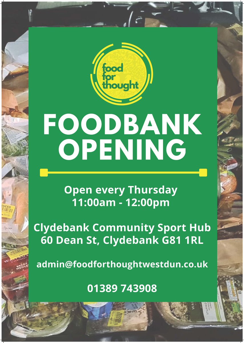New location for Food For Thought Dumbarton's local foodbank! From 11th November, 11-1pm the <a href="/Clydebank_CSH/">Clydebank CSH</a> Community Sport Hub will replace their current Thursday location at St Andrews (Tower Centre) Church Hall
