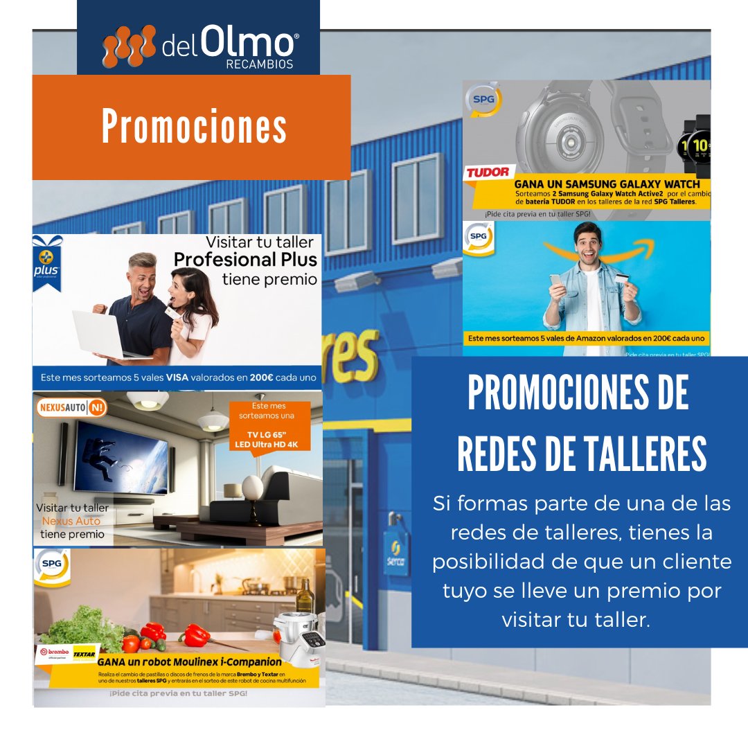 Recuerda que si perteneces a una red de talleres, todos los meses tienes tienes a tu disposición promociones para que se lleven premios los clientes que visiten tu taller.

▶ Profesional Plus
▶ SPG Talleres
▶ Nexus Auto

#RecambiosDelOlmo #Taller #Serca #Spg #PPlus #Nexus