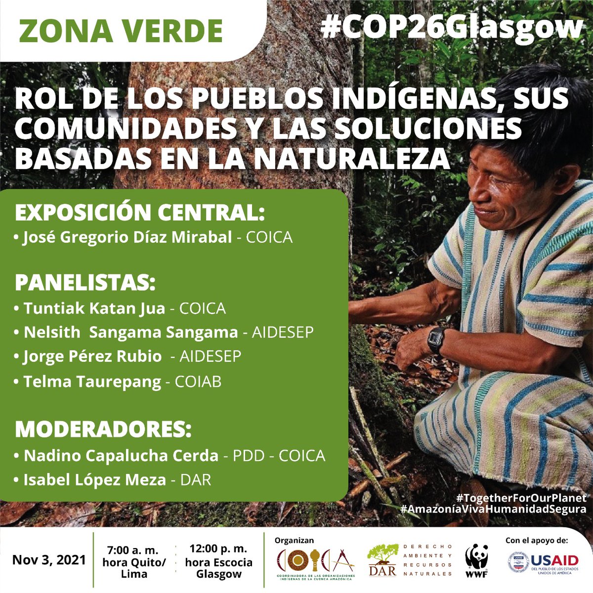 📌Comenzando AHORA <a href="/UNFCCC/">UN Climate Change</a> #COP26 <a href="/mdesawetoperu/">MDE Saweto Perú</a> sobre "El rol de los pueblos indígenas, sus comunidades y las soluciones basadas en la naturaleza" 12:00PM hora de Glasgow/8:00 AM ET. <a href="/coicaorg/">COICA ORG</a> <a href="/ONGDAR/">ONG DAR</a> <a href="/USAID/">USAID</a> <a href="/WWF_Peru/">WWF Perú</a> <a href="/TuntiakKatan/">Tuntiak Shuar</a> <a href="/gregoriomirabal/">Gregorio Mirabal</a>  <a href="/aidesep_org/">AIDESEP</a> @CoiabAmazonia