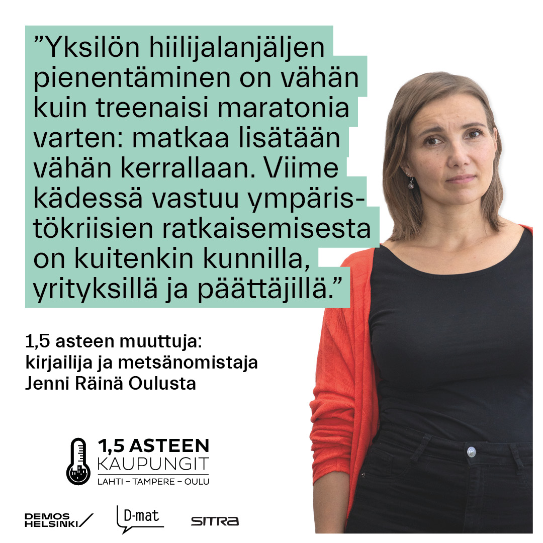 DemosHelsinki's tweet photo. “We can do many things to reduce our carbon footprint. Ultimately, it’s up to companies and decision-makers to solve environmental crises,” says @rainanen.

How Jenni could reduce her carbon footprint from 5.1 to 2.8 tonnes (in Finnish): https://t.co/bNUTSsnBht
#OnePointFiveLife https://t.co/t6vaAZwdJr