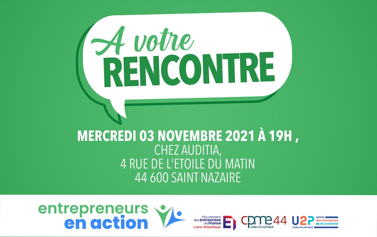 Chefs d'entreprises, entrepreneurs, commerçants, industriels... venez nous rencontrer aujourd'hui à 19h chez 📍 <a href="/Cabinet_Auditia/">Auditia</a> à #saintnazaire pour échanger sur vos attentes et découvrir le programme de la liste 👉 lnkd.in/dE5v9Pdz

N'hésitez pas à relayer le message. 🙏