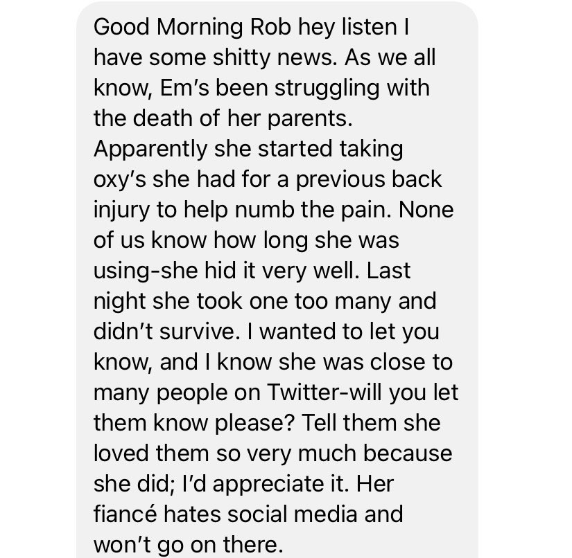 EliteRob2914's tweet photo. Good morning. It pains me to tell you what I am about to say. I got a message from Ravens Emβs friend Sue. Apparently she was taking pills & took too many & did not make it last night. Her beautiful soul has passed on. Sue asked me to tell everyone. I am crushed. Love you all π https://t.co/RaRGnxnrwR