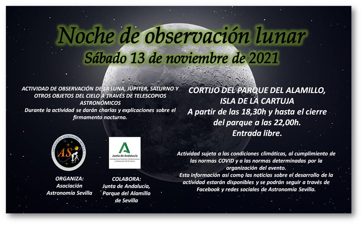 astrosevilla's tweet photo. ¡Próxima actividad!

El próximo 13/11 nos reuniremos en el Cortijo del Parque del Alamillo para compartir una estupenda noche de observación.

Os esperamos a partir de las 18:30 h en @ParqueAlamillo
@FomentoAND
¡Apuntad en la agenda! 🔭🔭💫🌟🌗🌘 https://t.co/f1NRP9F2YQ