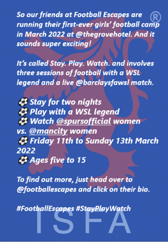 isfafootball's tweet photo. Our friends @footballescapes  are running their first-ever girls’ football camp in March 2022 at @thegrovehotel. Stay. Play. Watch. And it sounds super exciting! 
See more below and head over to @footballescapes for further information.

#FootballEscapes #StayPlayWatch https://t.co/CZwHUXGlu4