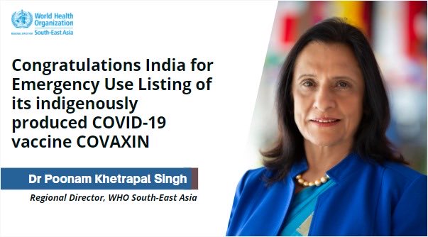 Congratulations India for Emergency Use Listing of its indigenously produced #COVID19 vaccine COVAXIN

⁦<a href="/MoHFW_INDIA/">Ministry of Health</a>⁩ ⁦<a href="/PIB_India/">PIB India</a>⁩ ⁦<a href="/ANI/">ANI</a>⁩