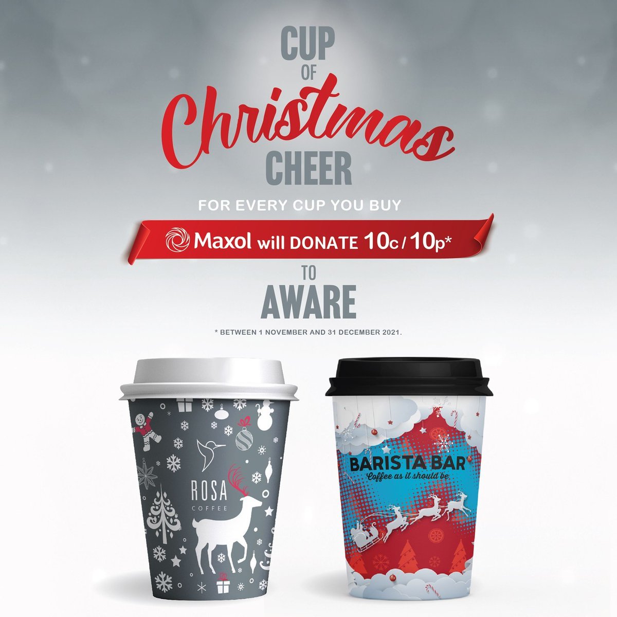 TheMaxolGroup's tweet photo. We are getting into the Christmas spirit a little early and for the 5th year running, we're donating 10c/p from every cup of ROSA Coffee and Barista Bar Coffee to Aware until 31 December. ☕🤗 

@Aware @AwareNI @myrosacoffee https://t.co/nfOxfrBbls