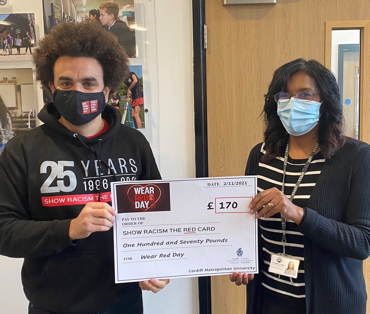 Congratulations to Staff and students in the ITE school at Cardiff Metropolitan University.  Your support on 'Wear Red day' raised £170 for 'Show Racism the Red Card'  
<a href="/ITEcardiffmet/">ITE Cardiff Met</a> <a href="/theredcardwales/">SRtRC Wales | Cymru 🏴󠁧󠁢󠁷󠁬󠁳󠁿</a> 
#WRD21