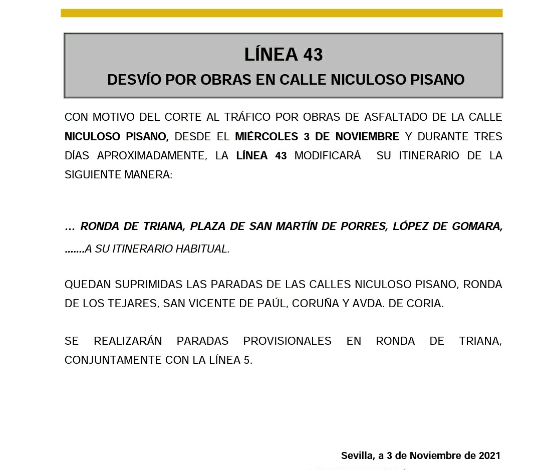 leotebeos's tweet photo. Alteración de línea 43 por obras.
#Tussam #Sevillasemueve #MuevetePorSevilla #Dejatellevar #cosasquedecir https://t.co/BdOgadbp3i