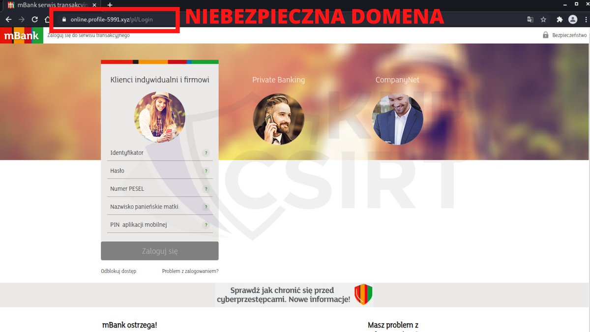 CSIRT_KNF's tweet image. ⚠️Uwaga!
Ostrzegamy przed fałszywymi stronami podszywającymi się pod:
@mBankpl 
@BNPParibas_PL 
@ING__Polska 
Wprowadzone na takich stronach hasła trafiają bezpośrednio w ręce oszustów.

Nie dajcie się okraść i zawsze dokładnie sprawdzajcie adres strony!
