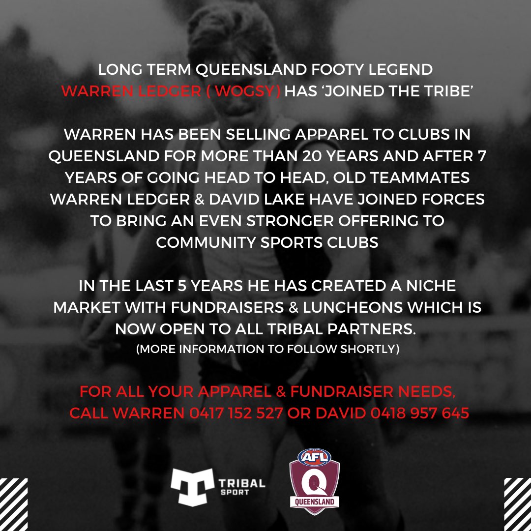 Lakey2007's tweet photo. LEDGER JOINS THE TRIBE
Tribal is excited to announce a new addition to the team with highly respected Queensland footy figure Warren Ledger joining our tribe. Get in touch with Warren to see how he can help your club on and off the field in 2022
Welcome to the tribe mate https://t.co/rsybSQrjuI