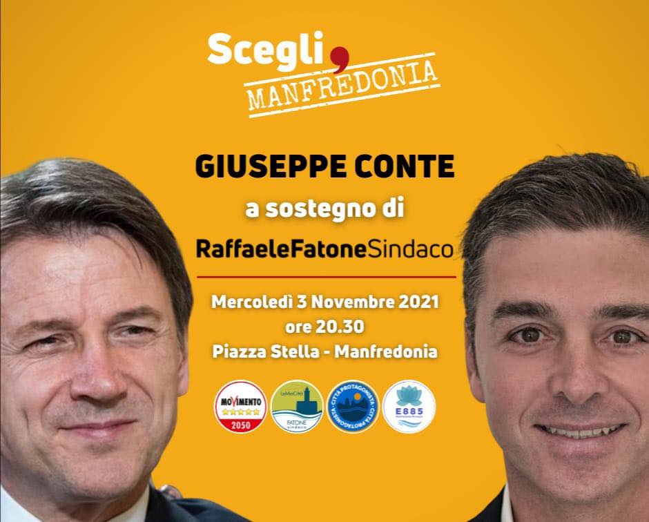Questa sera il presidente del Movimento 5 Stelle <a href="/GiuseppeConteIT/">Giuseppe Conte</a>  sarà a #Manfredonia a sostegno del candidato sindaco Raffaele Fatone.
Appuntamento alle 20:30 in Piazza Stella!