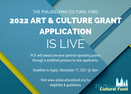 philanthropyPHL's tweet image. Applications now open for @PhilaCulturFund's 2022 grant cycle.  Eligibility and instructions available at philaculturalfund.org. Deadline 12/17 at 5pm. #PHLarts