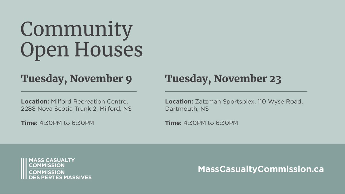 NSMassCasualty's tweet photo. We are hosting Open Houses this month to share information with community members about our work and how to take part in the inquiry process. The format will be informal, drop-in style. There will be no formal presentations. Visit our website for details: https://t.co/vMClzlhJPe https://t.co/DSTGVWaun4