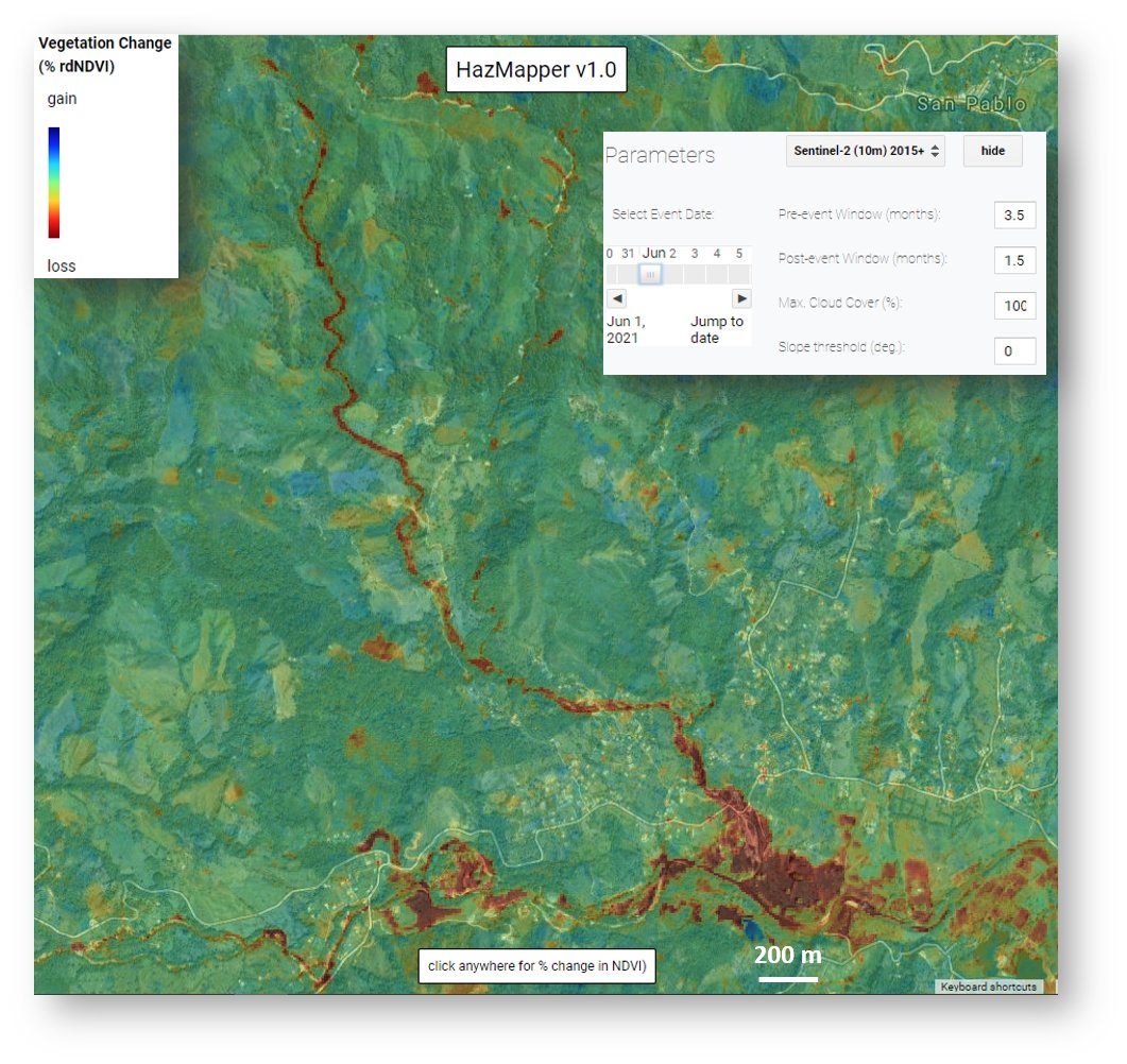 June 2021 #DebrisFlow and flooding near Santa Rosa de Osos, Antioquia, #Columbia.  Red colors show vegetation loss due to transport and deposition of material on debris fan where the village is situated. #NaturalHazards #GEE #sentinel2