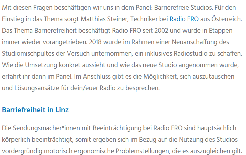 zwcm2021's tweet photo. [programm] Barrierefreies Studio - Was braucht ein inklusives Radiostudio und warum kann Barrierefreiheit nur der erste Schritt dazu sein? Über die Entwicklungen beim Linzer @RadioFRO und anderen Radios mehr am Freitag, 5.11. ab 15 Uhr: https://t.co/c9DU1VB4Ji #zwcm2021 https://t.co/19C3aIB9Lc