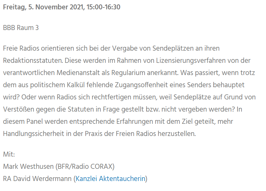 zwcm2021's tweet photo. [programm] Panel: "Freies Radio vs. Offenes Mikrofon - Was bedeutet Zugangsoffenheit?" Ein Erfahrungsaustausch für mehr Handlungssicherheit. Zu Gast ist u.a. RA David Werdermann von der Kanzlei @aktentaucherin am Freitag, 5.11. ab 15 Uhr: https://t.co/sv4hqkHl9X https://t.co/3ma0KHvBR5